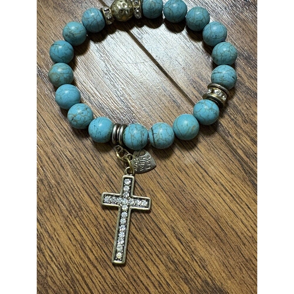 Beaded Blue Bracelet with Cross Made With Love Faux Turquoise Stretchy Rhineston